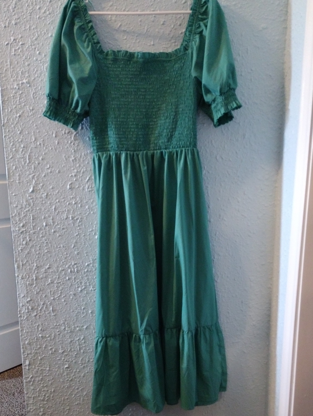 Green Smocked Midi Dress with Puff Sleeves